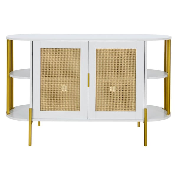 47.2 in. W x 15.7 in. D x 31.1 in. H White Linen Cabinet with Trim and 2 Woven Rattan Doors