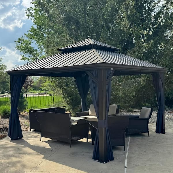 10 ft.x 12 ft.Bronze Aluminum Power-Coated Frame Galvanized Steel Double Roof Hardtop Gazebo,Hooks, Netting,Blue Curtain