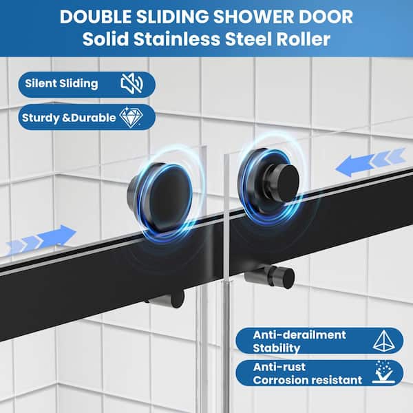 56-60 in. W x 74 in. H Double Sliding Frameless Shower Door in Matte Black with Nano-Coated Easy-Clean Fluted Glass