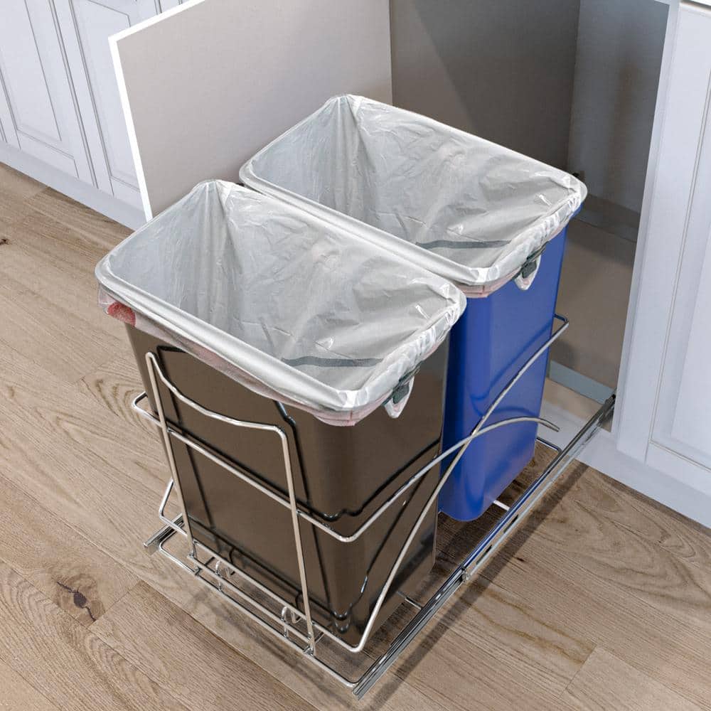 Dual Compartment Black and Blue Plastic Pull-Out Kitchen Trash Can