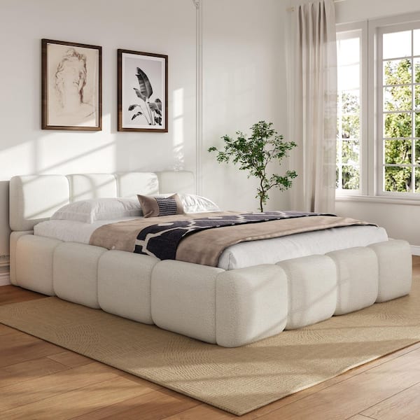 White Wood Frame Queen Size Upholstered Platform Bed with Boucle Thick Headboard and Footboard, Block Style