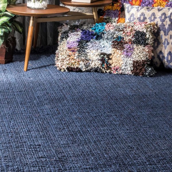 Navy Blue Braided Jute Solid Area Carpet Rug for Office, Living Room