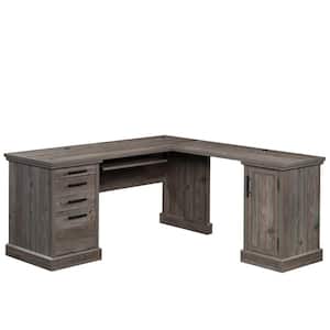 Aspen Post 65.118 in. L-Shaped Pebble Pine 3-Drawer Computer Desk with Keyboard Shelf and Cord Management