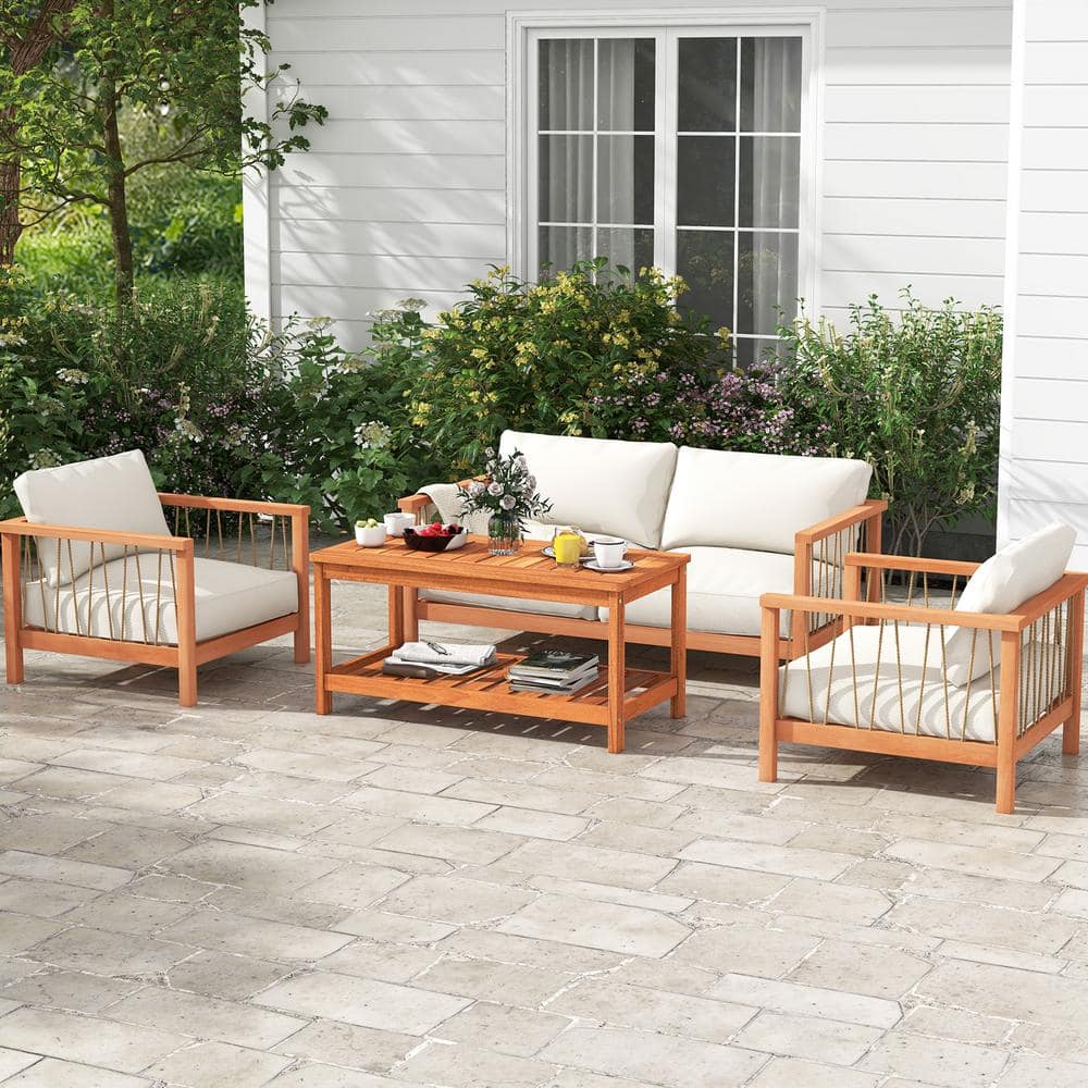 Natural Hardwood 2-Tier Outdoor Coffee Table with Slatted Shelf