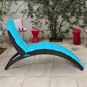 Foldable Rattan Wicker Patio Outdoor Chaise Lounge Chair with Turquoise Cushion