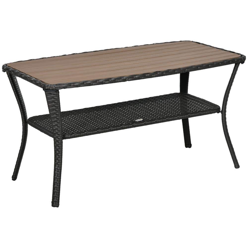 Brown Steel PE Rattan Coffee Table with Storage Shelf Outdoor Side Table fo