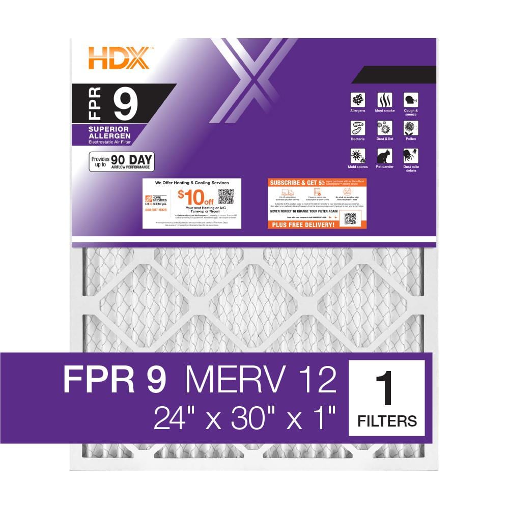 24 in. x 30 in. x 1 in. Superior Pleated Air Filter FPR 9, MERV 12 -  HDX, HDX1P9-012430