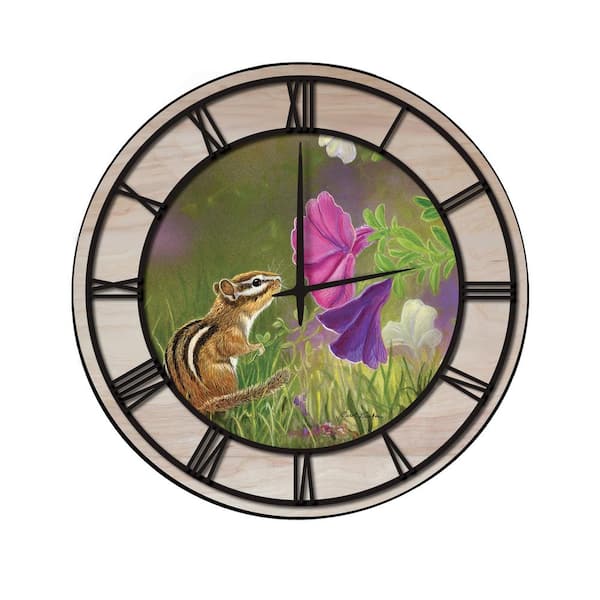 Unbranded "Chipmunk in the Garden" Woodgrain Accent and Black Numbers Imaged Wall Clock
