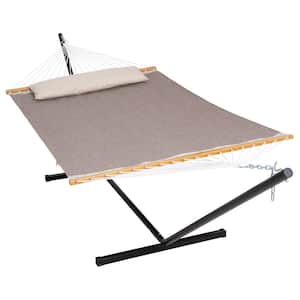 55.1 in. x 78.7 in. Quick Dry Fabric Hammock and 12 ft. Steel Stand with Matching Pillow in Sling-Brown