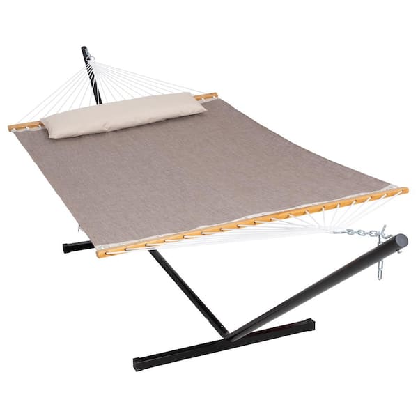 Atesun 55.1 in. x 78.7 in. Quick Dry Fabric Hammock and 12 ft. Steel Stand with Matching Pillow in Sling-Brown