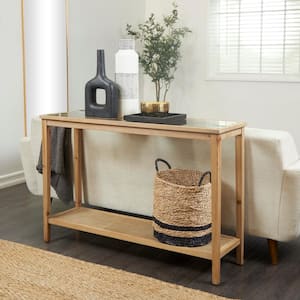 47 in. Brown Extra Large Rectangle Wood Slim Natural 1 Shelf Console Table with Glass Top and Rattan Shelf