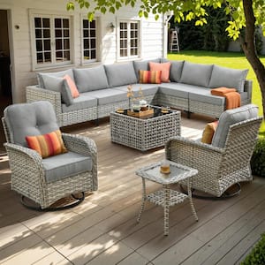 Aquarius 10-Piece Wicker Patio Conversation Seating Sofa Set with Dark Gray Cushions and Swivel Rocking Chairs