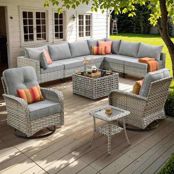 Aquarius 10-Piece Wicker Patio Conversation Seating Sofa Set with Dark Gray Cushions and Swivel Rocking Chairs