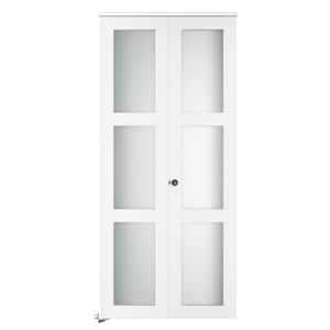 28 in. x 77.75 in. 3-Lite Frosted Glass Solid Core Black Finished MDF Interior Closet Bi-Fold Door with Hardware Kit