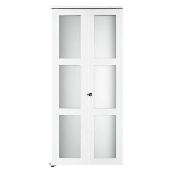 SOCBAZZAR 32 in. x 78 in. 3-Lite Tempered Frosted Glass Solid Core White Finished MDF Interior Closet Bi-Fold Door w/ Hardware Kit