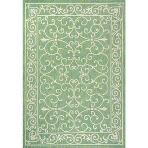 Charleston Vintage Filigree Textured Weave Green/Ivory 3 ft. x 5 ft. Indoor/Outdoor Area Rug
