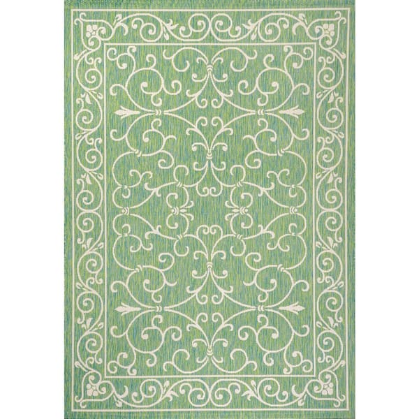 Charleston Vintage Filigree Textured Weave Green/Ivory 5 ft. x 8 ft. Indoor/Outdoor Area Rug