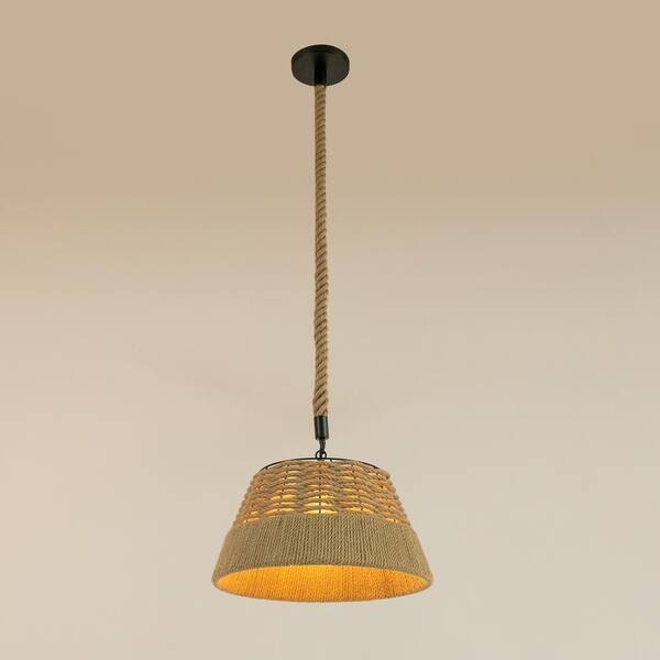 OUKANING 1-Light Wood Rustic Shaded Pendant Light with Woven Hemp