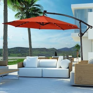 10 ft. Aluminum Cantilever Solar Powered Hanging Patio Umbrella With Cross Base and Pole in Orange