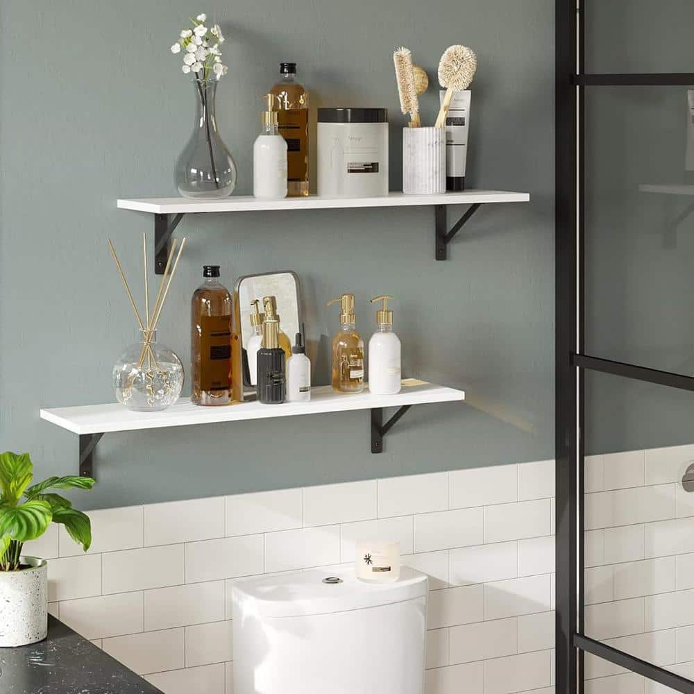 White Wood Floating Wall Shelves with Black Brackets, Set of 2