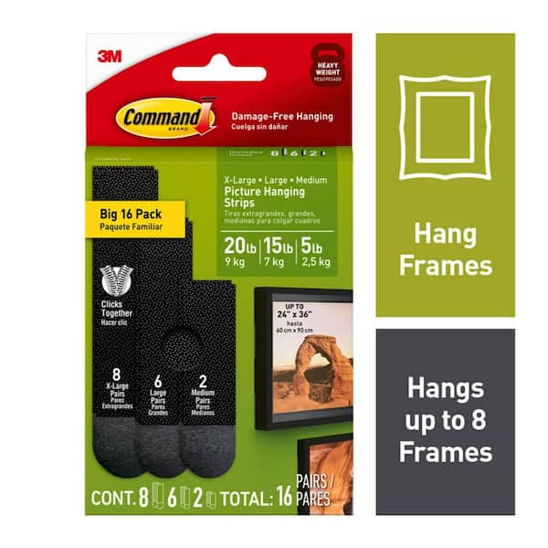 Command 20 lbs. to 15 lbs. to 5 lbs. Black Picture Hanging Strip (16-Pack) (8 X-Large Pairs, 6 Large Pairs, 2 Medium Pairs)