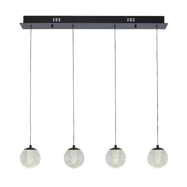 Bel Air Lighting Sunburst 4-Light Black Integrated LED Linear Chandelier Light Fixture with Acrylic Globe Shades