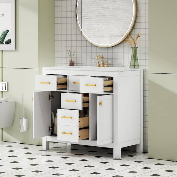 36 in. Single Sink Freestanding White Bath Vanity with White Ceramic Top and 4 Drawers Storage Door Cabinet Unassembled