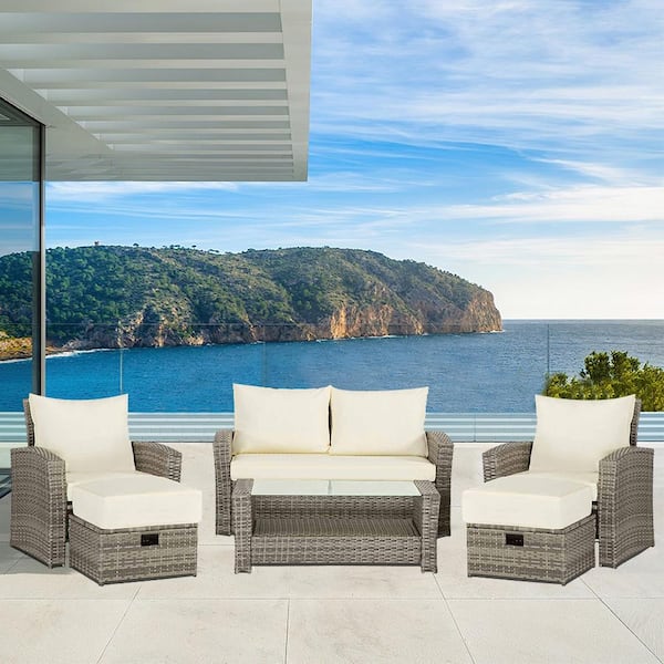Unbranded 6-Piece Dark Gray Wicker Outdoor Sectional Set with Beige Cushions and Coffee Table