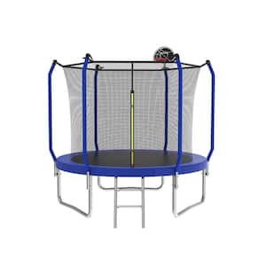8 ft. Outdoor Round Blue Trampoline with Safety Enclosure Net, Basketball Hoop