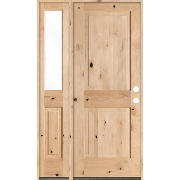 Krosswood Doors 46 in. x 80 in. Rustic Unfinished Knotty Alder Square-Top Left-Hand Left Half Sidelite Clear Glass Prehung Front Door