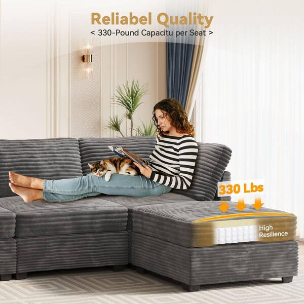 Allwex 130 in. Square Arm Modern 8-Piece Plush Corduroy U