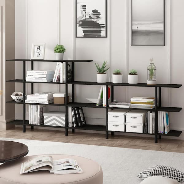 39.45 in. Espresso/Black Plastic 4-shelf Etagere Bookcase with Open Back