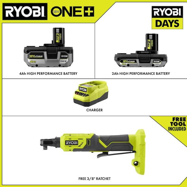 ONE+ 18V Cordless 3/8 in. Ratchet Kit with 2.0 Ah Battery, 4.0 Ah Battery, and Charger