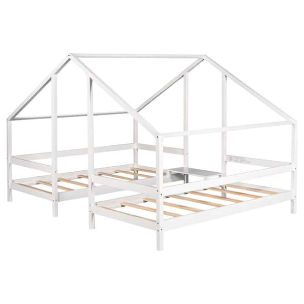ANBAZAR White Double Twin Size Beds with 2-Drawers and Built-in Desk, Wooden 2 in 1 House Beds Frame Can be Decorated Tent