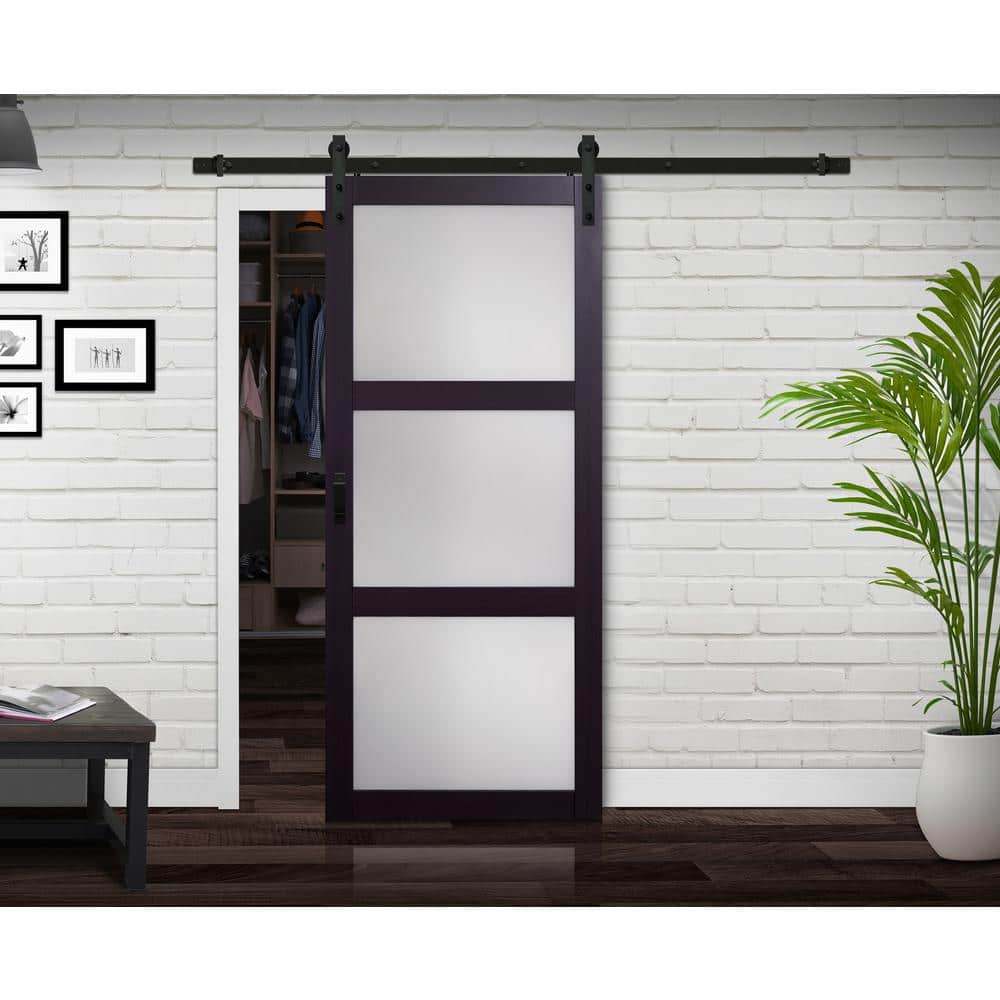 Espresso Frosted Glass 36'' x 84'' Barn Door with Black Hardware