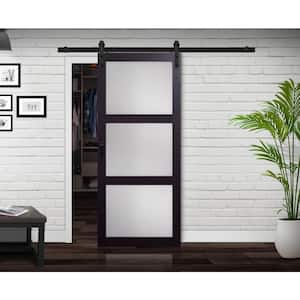 36 in. x 84 in. Espresso 3-Lite Frosted Glass MDF Wood Sliding Barn Door with Hardware