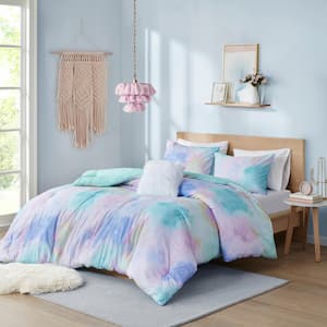 Karissa 4-Piece Aqua Full/Queen Microfiber Watercolor Tie Dye Printed Comforter Set with Throw Pillow