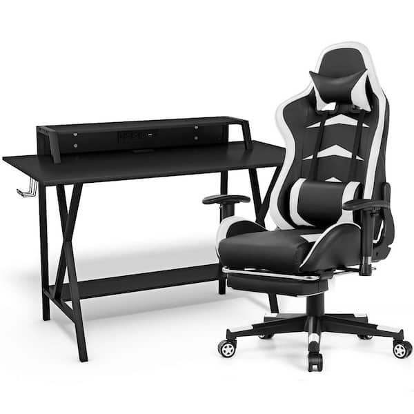 Gymax 48 in. Rectangular White Steel Computer Desk and Massage Gaming Chair Set with Adjustable Height