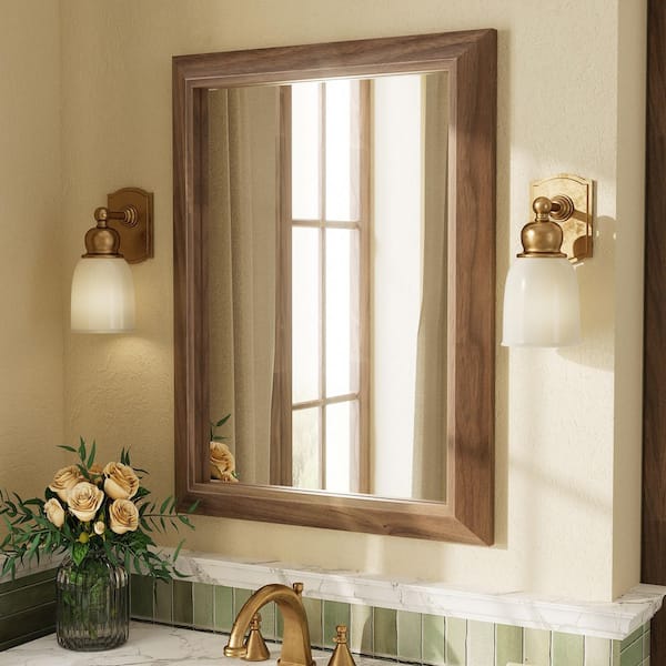 24 in. W x 32 in. H Rectangular Aluminum Alloy Framed and Tempered Glass Wall Bathroom Vanity Mirror in Dark Brown Wood