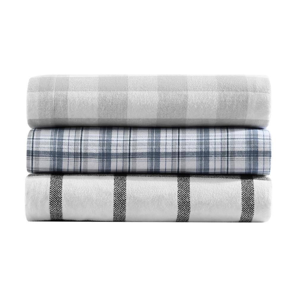 Gray Plaid Cotton Flannel Twin Sheet Set with Deep Pockets