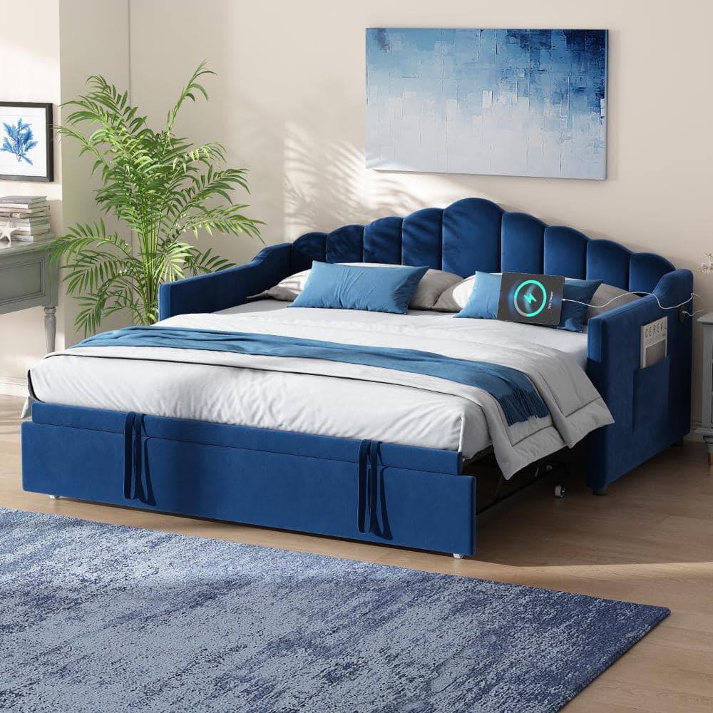 Blue Twin Size Upholstered Daybed with Pop up Trundle, USB, Type-C Charging, 2 Pockets price history on PriceWatchPro