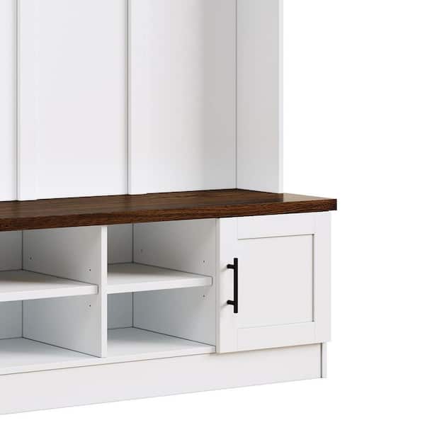 Polibi Farmhouse Hall Tree with 6 Hooks, Walnut Storage Bench with