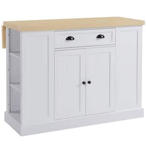 White Wood 47.25 in. Fluted-Style Kitchen Island, Countertop with Drop Leaf, Drawer, Open Shelves, Storage