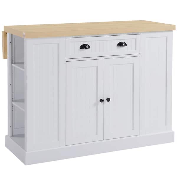 HOMCOM White Wood 47.25 in. Fluted-Style Kitchen Island, Countertop with Drop Leaf, Drawer, Open Shelves, Storage