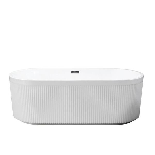 CASAINC 59in x 29. 5in Pleated Design Acrylic Freestanding Soaking Bathtub with Chrome Overflow and Pop-Up Drain in White