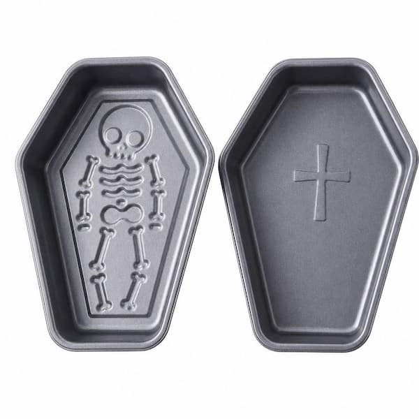 2-Pack 10 x 6.9 in. Nonstick Coffin Cake Pans, Skeleton Cross Gothic Halloween Baking Molds for Brownie Loaf Dessert