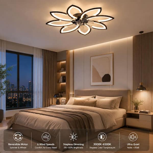 36.22 in. Indoor Black Modern Flower Low Profile Standard Ceiling Fan with Dimmable Integrated LED and Remote Included