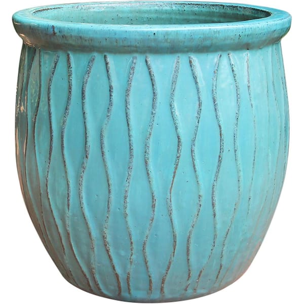 Unbranded 12.6 in. W x 13 in. H 2 qt. Turquoise Ceramic Corrientes Fishbowl Planter