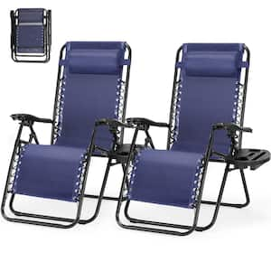 Navy Blue Set of 2-Steel Mesh Folding Zero Gravity Lounge Chair Recliners, Beach Chair with Pillows and Cup Holder Trays