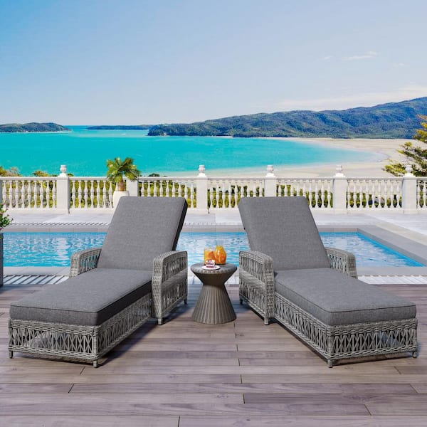 METEOR SHOWER LLC 2 Pieces Wicker Outdoor Long Chaise Lounge, Adjustable Recliner with Gray Cushions, All Weather Rattan Pool Lounge
